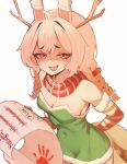  1girl absurdres ahoge alternate_costume animal_ears antlers armpits bare_shoulders bow braid breasts christmas cleavage commentary covered_navel detached_sleeves dress dynamite english_commentary english_text explosive fake_antlers fur_trim green_dress hair_ornament handprint highres holding holding_sack horns list long_hair looking_at_viewer miltaire94 naughty_face navel open_mouth phase_connect pink_eyes pink_hair pipkin_pippa rabbit_ears rabbit_girl reindeer_antlers sack santa_dress scarf smile solo striped_clothes striped_scarf striped_sleeves virtual_youtuber white_background 