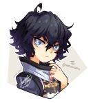  1boy black_hair black_sleeves collar commentary curly_hair dated english_commentary gift_art gradient_hair grey_eyes highres multicolored_hair original purple_hair sandragh signature simple_background solo upper_body white_background white_collar 