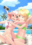  bikini blonde_hair blue_eyes blush breast_grab breasts brown_eyes cloud covered_nipples day grabbing highres lotion medium_breasts multiple_girls one_eye_closed original palm_tree pink_hair pool sexually_suggestive short_hair sitting small_breasts swimsuit tororoto tree twintails underboob wavy_mouth yuri 