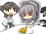  2girls ahoge aoba_(kantai_collection) blush_stickers brown_hair censored censored_food chibi commentary curry curry_rice detached_sleeves empty_eyes food goma_(gomasamune) gradient gradient_background hair_ornament hairband hiei_(kantai_collection) hood kantai_collection multiple_girls nervous nontraditional_miko open_mouth plate ponytail purple_eyes purple_hair re-class_battleship revision rice school_uniform serafuku shinkaisei-kan short_hair silver_hair simple_background smile spoon sweat tears wavy_mouth |_| 