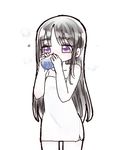  akemi_homura black_hair drinking fc_(efushii) glass long_hair mahou_shoujo_madoka_magica naked_towel purple_eyes simple_background solo towel white_background 