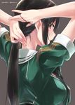  adjusting_hair arms_up brown_eyes brown_hair chikuma_(kantai_collection) dated fingernails from_behind kantai_collection koruri long_hair looking_back nape solo twitter_username tying_hair 