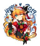  1girl 2019 ;) alcohol bell black_gloves braid capelet champagne commentary cup dated double-parted_bangs drinking_glass earrings english_commentary english_text fur-trimmed_capelet fur_trim gloves hair_ornament happy_new_year hat highres holly jewelry long_hair looking_at_viewer new_year one_eye_closed original pointy_ears red_capelet red_hat red_ribbon ribbon sandragh santa_costume santa_hat signature simple_background single_braid smile snowflake_earrings snowflake_hair_ornament upper_body very_long_hair wine_glass 
