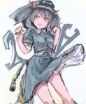  ashiyama_yoshinori blue_eyes blue_hair blue_skirt blush collared_shirt hair_ornament hat highres kawashiro_nitori key long_hair looking_away shirt short_sleeves simple_background skirt skirt_set smile smirk solo touhou two_side_up white_background wrench 