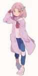  1girl blunt_bangs blush brown_eyes cardigan commentary_request full_body gloves hair_ornament heart highres lacey_(pokemon) long_sleeves looking_at_viewer medium_hair mnmn0406 open_cardigan open_clothes pink_cardigan pink_hair pokemon pokemon_sv shirt simple_background single_glove sleeves_past_wrists smile solo white_background 