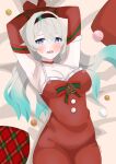  arms_up blush bound bound_arms bound_wrists dress elbow_gloves firefly_(honkai:_star_rail) gloves grey_hair hair_between_eyes hairband honkai:_star_rail honkai_(series) pillow red_gloves ribbon santa_dress tank_top tapioca_1022 