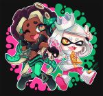  2girls aqua_pantyhose aqua_skin black_hair breasts cephalopod_eyes chibi colored_skin commentary crop_top cropped_vest crown dark-skinned_female dark_skin dated english_commentary fingerless_gloves gloves gradient_hair green_eyes headphones horizontal_pupils inkling long_hair looking_at_viewer marina_(splatoon) mole mole_under_mouth multicolored_hair multiple_girls navel_piercing octoling open_mouth pantyhose pearl_(splatoon) piercing pink_hair pink_pantyhose pink_pupils sandragh signature simple_background smile splatoon_(series) splatoon_2 suction_cups symbol-shaped_pupils tentacle_hair very_dark_skin vest white_hair yellow_eyes zipper_pull_tab 