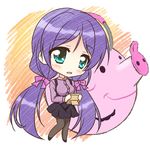  breasts casual chibi endori green_eyes jewelry long_hair love_live! love_live!_school_idol_project lowres medium_breasts necklace open_mouth pantyhose purple_hair smile solo suspenders teapot toujou_nozomi twintails 
