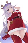  1girl absurdres animal_ears antlers black_panties deer_ears dress fake_animal_ears fake_antlers gem_hair_ornament giyeodeo gloves highres hololive hololive_english horns jewel_under_eye koseki_bijou long_hair panties purple_eyes purple_hair red_dress red_gloves red_thighhighs reindeer_antlers santa_dress simple_background smile solo thighhighs underwear upskirt virtual_youtuber white_background 