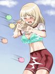  awa bike_shorts blonde_hair blush bra breasts cleavage closed_eyes cloud day gym_uniform jinsei kujou_fumi medium_breasts mole open_mouth sky solo twintails underwear water_balloon wet wet_clothes 