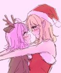  2girls animal_costume antlers arms_around_neck bare_arms bare_shoulders blonde_hair blush commentary dress eye_contact from_side hat highres horns looking_at_another love_live! love_live!_nijigasaki_high_school_idol_club miyashita_ai multiple_girls orange_eyes pink_background pink_hair reindeer_antlers reindeer_costume santa_dress santa_hat short_hair solllolll sweatdrop symbol-only_commentary tennoji_rina yuri 