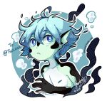  1boy aqua_hair black_skin blue_eyes bubble colored_skin commentary dated english_commentary fins fish_boy gift_art green_skin head_fins highres monster_boy multicolored_skin original sandragh short_hair signature simple_background solo upper_body white_background 