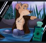 advertisement anthro athletic athletic_anthro athletic_male basil_(disney) belt blue_eyes bodily_fluids bottomwear button_(fastener) chest_tuft clothed clothing cologne denim denim_bottomwear denim_clothing disney dress_shirt english_text glass_bottle grass hand_behind_head head_tuft hi_res jeans jewelry lilgrimmapple male mammal modelling mouse murid murine necklace open_clothing open_shirt open_topwear pants plant rodent shirt sitting_in_water sky solo sweat text the_great_mouse_detective topwear tuft