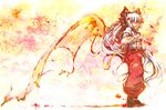  bow fire fujiwara_no_mokou hair_bow long_hair ofuda ponytail red_eyes solo suspenders touhou umarutsufuri very_long_hair white_hair wings 