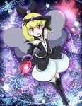  arm_up armpits black_gloves blonde_hair boots bow broken_heart choker dress elbow_gloves facial_mark fighiro floral_background full_body gloves hair_bow happinesscharge_precure! highres knee_boots precure purple_background queen_mirage red_eyes short_hair smile solo standing tattoo 