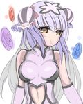  bare_shoulders braid breasts bun_cover cat_hair_ornament china_dress chinese_clothes double_bun dress elbow_gloves flanker gloves hair_ornament haku_(p&amp;d) long_hair medium_breasts midriff multicolored_hair navel_cutout orb purple_hair puzzle_&amp;_dragons silver_hair simple_background sleeveless sleeveless_dress smile solo two-tone_hair upper_body white_background white_dress white_gloves yellow_eyes 