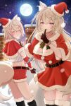  2girls =_hair_ornament alternate_costume animal_ear_fluff animal_ears bandaid bandaid_hair_ornament bell belt_buckle black_thighhighs blonde_hair blue_streaks blush bow bowtie breasts buckle capelet cleavage closed_eyes commentary cowboy_shot cropped_shirt crossed_bangs detached_sleeves dog_ears dog_girl dog_tail dress english_commentary finger_to_mouth full_moon fur-trimmed_capelet fur-trimmed_dress fur-trimmed_headwear fur-trimmed_shorts fur-trimmed_skirt fur-trimmed_sleeves fur-trimmed_thighhighs fur_trim fuwawa_abyssgard gloves hair_ornament hat highres holding holding_sack hololive hololive_english jewelry jingle_bell kneehighs large_breasts leather_belt long_hair looking_at_viewer mini_hat mini_santa_hat mococo_abyssgard moon multicolored_hair multiple_girls necklace night omio pink_streaks pom_pom_(clothes) red_dress red_eyes red_shorts rooftop sack santa_capelet santa_costume santa_dress santa_gloves santa_hat short_hair shorts shorts_rolled_up shushing siblings sidelocks sisters skirt snow snowing socks strapless strapless_dress streaked_hair striped_bow striped_bowtie striped_clothes struggling tail thighhighs twins two_side_up virtual_youtuber x_hair_ornament 