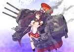  azel_(horusuke) breasts brown_hair commentary_request flower hair_flower hair_ornament kantai_collection large_breasts long_hair looking_at_viewer miniskirt oriental_umbrella pink_eyes pleated_skirt ponytail red_skirt skirt solo umbrella very_long_hair yamato_(kantai_collection) 