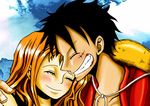  blush hair monkey_d_luffy nami not_furry one_piece orange_hair red_shirt scar sky straw_hat 