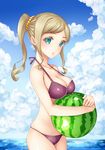  arios_(orochi_yuta) bare_shoulders bikini blonde_hair blue_eyes breasts cleavage cloud day food fruit highres large_breasts long_hair looking_at_viewer original parted_lips ponytail purple_bikini skindentation solo swimsuit watermelon 