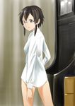  asada_shino b_(papiopine) black_eyes black_hair dress_shirt from_behind glasses no_pants shirt short_hair sword_art_online 