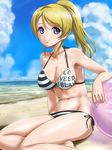  ayase_eli ball beach beachball bikini blonde_hair blue_eyes breasts clothes_writing day highres large_breasts love_live! love_live!_school_idol_project ocean ponytail rasukaru short_hair side-tie_bikini smile solo striped striped_bikini swimsuit 