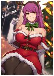  1girl absurdres airisubaka artist_name bandaid bandaid_on_cheek bandaid_on_face bare_shoulders belt black_hairband black_pantyhose breasts christmas christmas_tree cleavage commentary dress elbow_gloves english_commentary fake_antlers fur-trimmed_dress fur_trim gloves hairband hand_up highres holly indoors large_breasts leah_(airisubaka) long_hair looking_at_viewer merry_christmas orange_eyes original pantyhose purple_hair red_dress santa_dress signature smile solo white_gloves window 