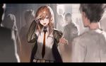  1girl aituoku blue_eyes blush brown_hair commentary_request hand_on_own_head highres jacket letterboxed long_hair makise_kurisu necktie okabe_rintarou open_mouth pointing red_neckwear steins;gate 