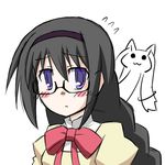  akemi_homura black_hair bow braid chikichikibatta glasses hairband kyubey long_hair looking_at_viewer mahou_shoujo_madoka_magica purple_eyes school_uniform semi-rimless_eyewear simple_background twin_braids under-rim_eyewear upper_body white_background 