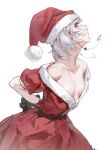 1girl absurdres arms_behind_back breasts chainsaw_man dino_(dinoartforame) dress earrings fami_(chainsaw_man) fur-trimmed_dress fur-trimmed_headwear fur_trim hat highres jewelry mole mole_under_eye mole_under_mouth multiple_moles red_dress red_eyes red_hat ringed_eyes santa_dress santa_hat small_breasts solo white_background white_hair 