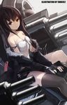  :/ artist_name bad_id bad_pixiv_id bare_shoulders black_eyes black_hair blurry breasts cleavage depth_of_field dutch_angle highres looking_at_viewer medium_breasts navel original shorts sitting sketch solo swd3e2 thighhighs turret 