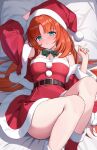  1girl alternate_costume aqua_eyes arm_up belt black_belt blush boots bow bowtie breasts christmas commentary_request dress fingernails fur-trimmed_dress fur_trim genshin_impact green_bow green_bowtie hat highres hobio jacket knees_up long_hair looking_at_viewer lying medium_breasts nilou_(genshin_impact) on_back on_bed parted_lips pillow red_dress red_hair red_jacket santa_boots santa_costume santa_dress santa_hat solo strapless strapless_dress 
