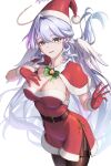  1girl alternate_costume bell black_pantyhose blue_hair bow bowlp breasts capelet cleavage closed_mouth cowboy_shot dress feathered_wings fur-trimmed_capelet fur-trimmed_gloves fur_trim gloves green_bow green_eyes hair_between_eyes hat head_wings highres honkai:_star_rail honkai_(series) jewel_under_eye jingle_bell large_breasts long_hair looking_at_viewer md5_mismatch neck_bell pantyhose pom_pom_(clothes) red_capelet red_dress red_gloves red_hat revision robin_(honkai:_star_rail) santa_costume santa_dress santa_gloves santa_hat simple_background single_hair_intake smile solo strapless strapless_dress very_long_hair white_background white_wings wings 