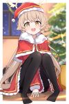  1girl absurdres black_pantyhose blonde_hair blue_archive blush box capelet christmas christmas_ornaments christmas_tree dress gift gift_box hair_ornament halo hat hifumi_(blue_archive) highres long_sleeves open_mouth pantyhose red_capelet red_dress red_hat santa_dress santa_hat sitting smile solo tree twintails window yellow_eyes yellow_halo yoi0341 