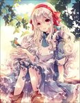  bad_id bad_pixiv_id bird blonde_hair bow hair_ornament hairband kabocha_torute kagerou_project kozakura_marry leaf long_hair looking_at_viewer parted_lips petals pink_eyes red_eyes revision sitting smile solo tree_branch 