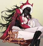  arm_strap armor bell belt black_armor black_belt black_footwear black_hair bracelet breasts cape cleavage dress fake_horns fur_trim gauntlets green_hair helmet highres horned_helmet horns jewelry jingle_bell knight long_hair long_sleeves merry_christmas mistletoe n0r0 original red_cape sack santa_dress santa_hood simple_background torn_cape torn_clothes 