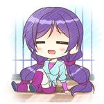  :d =_= blush chibi endori long_hair love_live! love_live!_school_idol_project lowres open_mouth purple_hair shirt smile solo sweat thighhighs tied_shirt toujou_nozomi twintails 