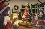  5girls alternate_costume ankle_boots asymmetrical_bangs bag bell_sleeves black_hair blue_hair blunt_bangs boots bow bowtie braid capelet christmas christmas_lights christmas_ornaments christmas_star christmas_tree christmas_tree_hair_ornament christmas_wreath colored_inner_hair detached_sleeves double-parted_bangs dress elbow_gloves fireplace flower frilled_skirt frills fur-trimmed_capelet fur-trimmed_dress fur-trimmed_headwear fur-trimmed_sleeves fur-trimmed_wristband fur_trim gloves gurameso hair_flower hair_ornament harusaruhi hat highres holding holding_bag hood hood_down hooded_jacket imminent_hand_holding indoors isekaijoucho jacket kaf_(kamitsubaki_studio) kamitsubaki_studio koko_(kamitsubaki_studio) leather_belt long_hair long_sleeves mary_janes multicolored_hair multiple_girls one_eye_covered pants pantyhose pink_hair plastic_bag rim_(kamitsubaki_studio) santa_boots santa_capelet santa_dress santa_hat shoes short_hair side_braid skirt smile squatting standing tiptoes virtual_youtuber waving_hands white_hair window wreath 