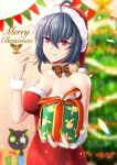  1girl absurdres bare_shoulders bow bow_choker box breasts bunting choker christmas christmas_tree cleavage collarbone commentary_request cowboy_shot dead_angels dress fingernails fur-trimmed_dress fur_trim gift gift_box green_bow green_choker green_nails grey_hair hair_between_eyes hand_up hat heart highres holding holding_gift honkai_(series) honkai_impact_3rd large_breasts merry_christmas mole mole_under_mouth outstretched_arm raven_(honkai_impact) red_dress red_eyes red_hat santa_dress santa_hat sharp_fingernails short_hair strapless strapless_dress striped_bow wristband 