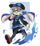  1girl baseball_cap black_hat black_sweater blue_hair blue_skirt blue_tongue brown_footwear cephalopod_eyes colored_tongue commentary commission dated english_commentary fangs full_body hat ink ink_splatter inkling inkling_girl inkling_player_character long_hair long_sleeves open_mouth pointy_ears sailor_collar sandragh shirt shoes signature simple_background skirt smile solo splatoon_(series) splatoon_1 suction_cups sweater tentacle_hair white_background yellow_eyes 