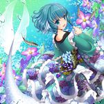  blue_eyes blue_hair bubble fish floral_print hayabusa_koi head_fins highres japanese_clothes kimono long_sleeves looking_at_viewer mermaid monster_girl obi open_mouth sash smile solo touhou underwater wakasagihime wide_sleeves 