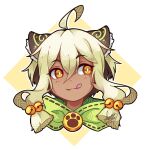  1girl ahoge animal_ear_fluff animal_ears bell blonde_hair blunt_bangs cat_ears cat_girl close-up commentary commission dark-skinned_female dark_skin dated double-parted_bangs english_commentary fang hair_between_eyes jingle_bell long_hair looking_to_the_side original paw_print sandragh signature simple_background slit_pupils smile solo tongue tongue_out white_background yellow_eyes 