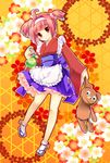  ahoge alternate_costume bad_id bad_pixiv_id dewprism hair_ornament hairband hinata_momo holding japanese_clothes kimono kimono_skirt lolita_fashion looking_at_viewer mint_(dewprism) red_eyes red_hair solo stuffed_animal stuffed_toy teddy_bear twintails wa_lolita 