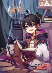  1boy ahoge animal animal_on_leg barrel beak bird bird_on_leg black_hair black_robe black_rope book book_stack brown_footwear commentary dated english_commentary feathers fire_emblem fire_emblem_awakening gloves halberd highres hood hood_down hooded_jacket jacket lantern long_sleeves morgan_(fire_emblem) multicolored_robe multiple_weapons open_mouth owl polearm purple_eyes purple_trim robe rope sandragh short_hair signature sitting smile sword watermark weapon white_feathers 