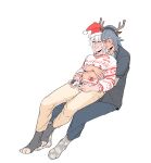  2girls absurdres alternate_costume animal_ears antlers christmas christmas_sweater closed_eyes commentary controller deer_ears english_commentary fake_animal_ears fake_antlers fu_hua game_controller grey_hair grey_pants grey_shirt grey_socks hat highres holding holding_controller holding_game_controller honkai_(series) honkai_impact_3rd horns hug invisible_chair kiana_kaslana long_hair long_sleeves lycanheiress multiple_girls pants paw_socks pink_pants red_hat reindeer_antlers santa_hat shirt short_sleeves simple_background sitting sitting_on_lap sitting_on_person smile socks white_background white_hair yuri 