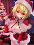  1girl ayu_yutyaso belt black_belt black_ribbon blonde_hair breasts christmas christmas_tree cleavage cleavage_cutout closed_mouth clothing_cutout coat commentary_request dress fur-trimmed_dress fur-trimmed_sleeves fur_trim hat highres holding holding_sack indoors large_breasts leaning_forward long_sleeves lunasa_prismriver neck_ribbon red_coat red_dress red_hat ribbon sack santa_dress santa_hat short_dress short_hair smile solo touhou yellow_eyes 