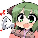  :d ahoge animal_ears chibi dog_ears fang green_eyes green_hair holding kasodani_kyouko megaphone open_mouth short_hair simple_background smile solo touhou twumi white_background 