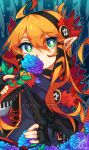  1girl autumn_leaves black_gloves black_hairband blue_flower blue_rose commentary dated double-parted_bangs english_commentary fingerless_gloves flower flower_over_mouth flower_to_mouth gloves grey_cloak hairband highres holding holding_flower leaf long_hair looking_at_flowers looking_at_viewer maple_leaf orange_hair original petals pointy_ears rose sandragh signature smelling smelling_flower solo tree upper_body very_long_hair watermark 