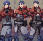  1boy age_progression bad_anatomy blue_eyes blue_footwear blue_hair gloves highres humanization jacket kurosaki_sasori male_focus open_clothes open_jacket optimus_prime optimus_prime_(transformers_one) orion_pax orion_pax_(transformers_one) personification red_jacket transformers transformers_one 