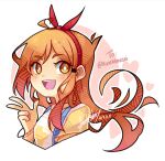  1girl :d commentary dated english_commentary gift_art hair_ribbon light_blush long_hair multicolored_clothes open_mouth orange_hair original red_ribbon ribbon sandragh shirt signature simple_background smile solo upper_body w white_background yellow_eyes yellow_shirt 